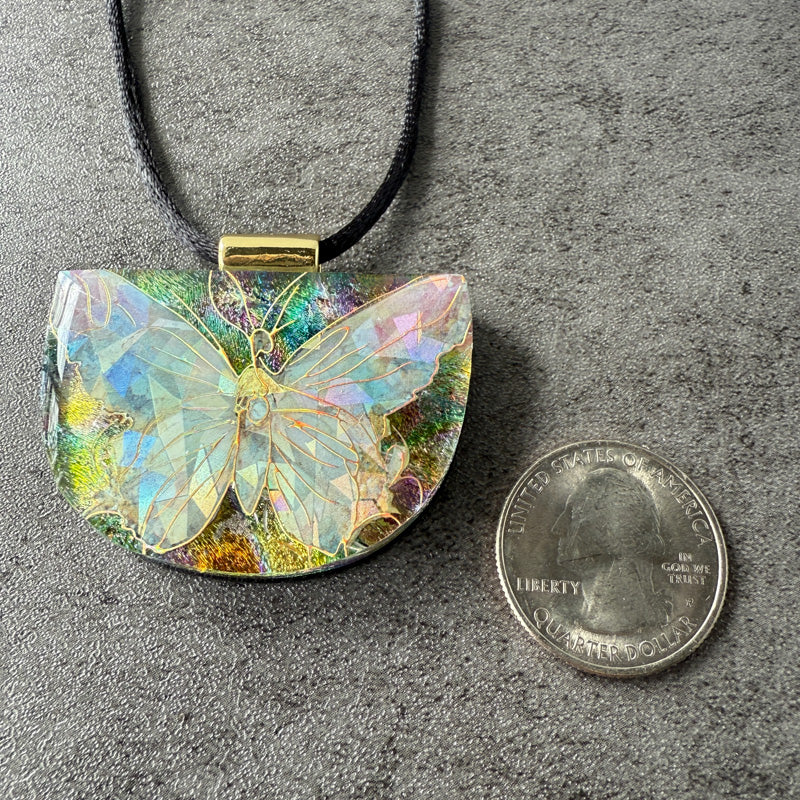 Whisperwing, Whimsy & Wonder fused glass necklace, multi-colored, gold