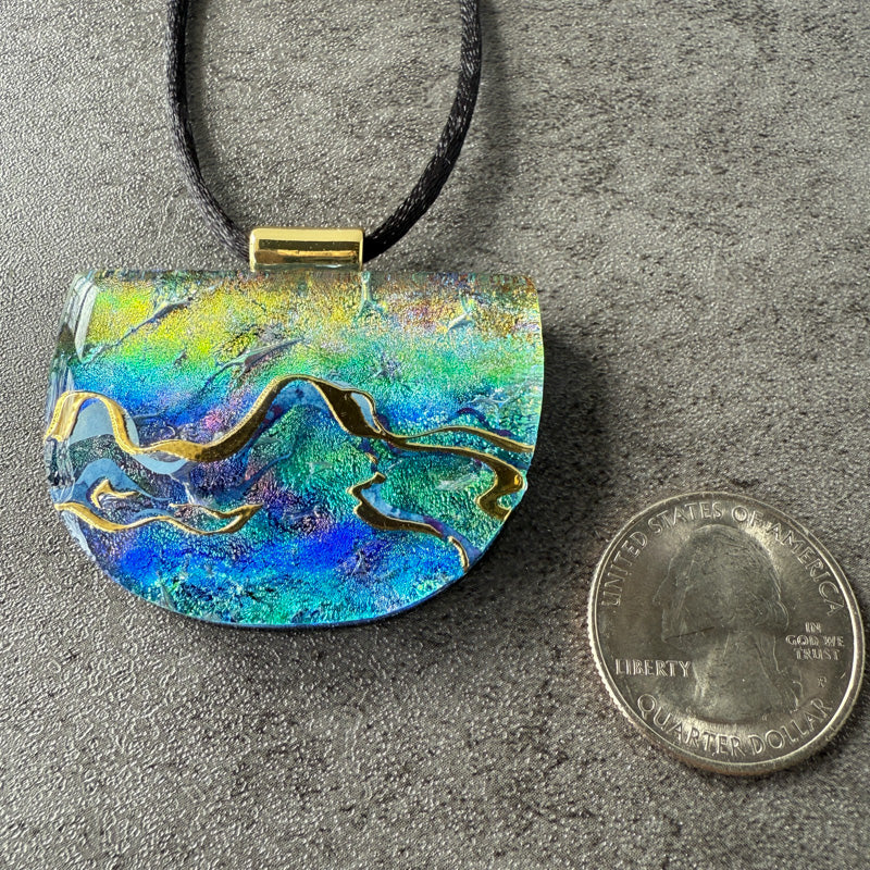 Around The Riverbend, Whimsy & Wonder fused glass necklace, multi-colored, gold, blue