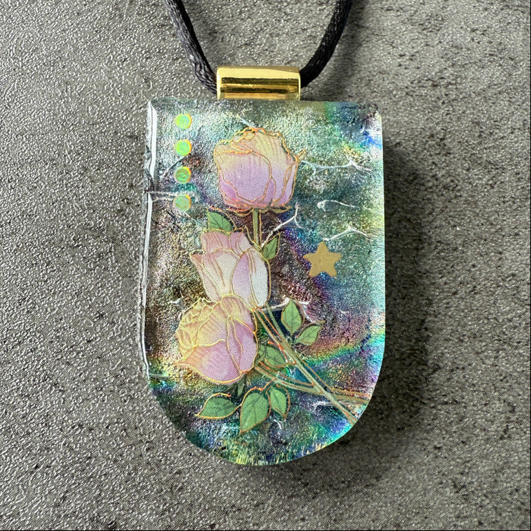 Rose Glow Reverie, Whimsy & Wonder fused glass necklace, multi-colored, gold, aqua, pink