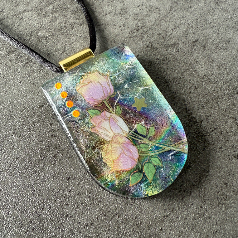Rose Glow Reverie, Whimsy & Wonder fused glass necklace, multi-colored, gold, aqua, pink