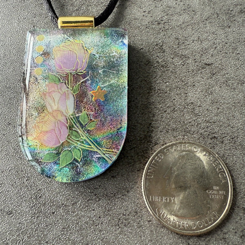 Rose Glow Reverie, Whimsy & Wonder fused glass necklace, multi-colored, gold, aqua, pink
