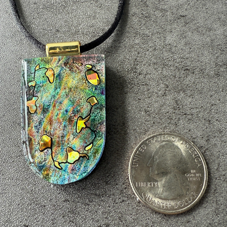 The Bonfire Glade, Whimsy & Wonder fused glass necklace, multi-colored, green, gold