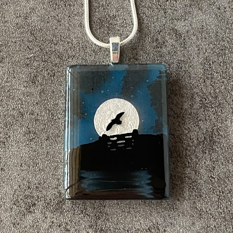 Misty Moonlight, Foggy Moonlit Night, Fused Glass Necklace, aqua blue, silver