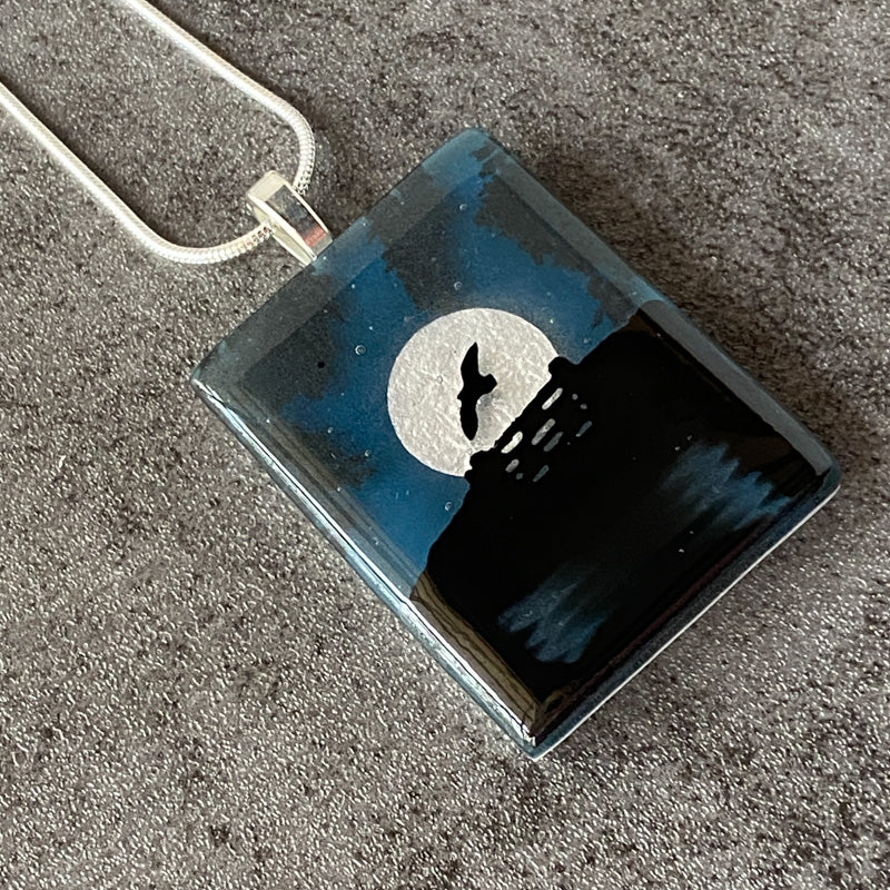 Misty Moonlight, Foggy Moonlit Night, Fused Glass Necklace, aqua blue, silver