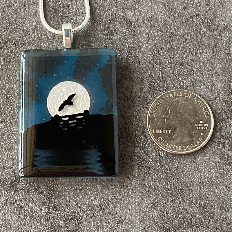 Misty Moonlight, Foggy Moonlit Night, Fused Glass Necklace, aqua blue, silver