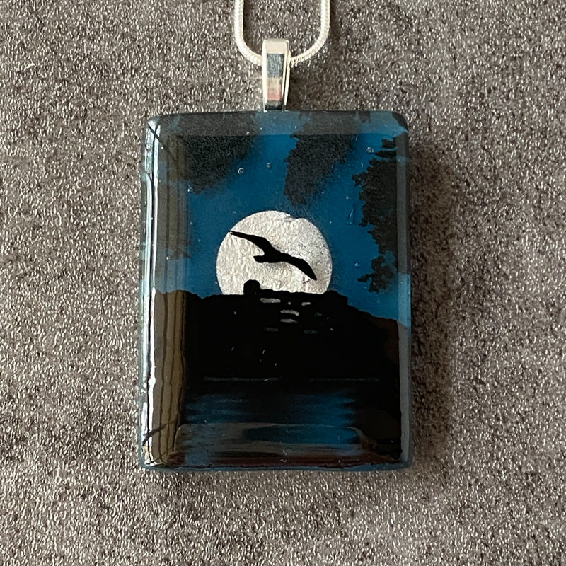 Blue Moon, Foggy Moonlit Night, Fused Glass Necklace, aqua blue, silver