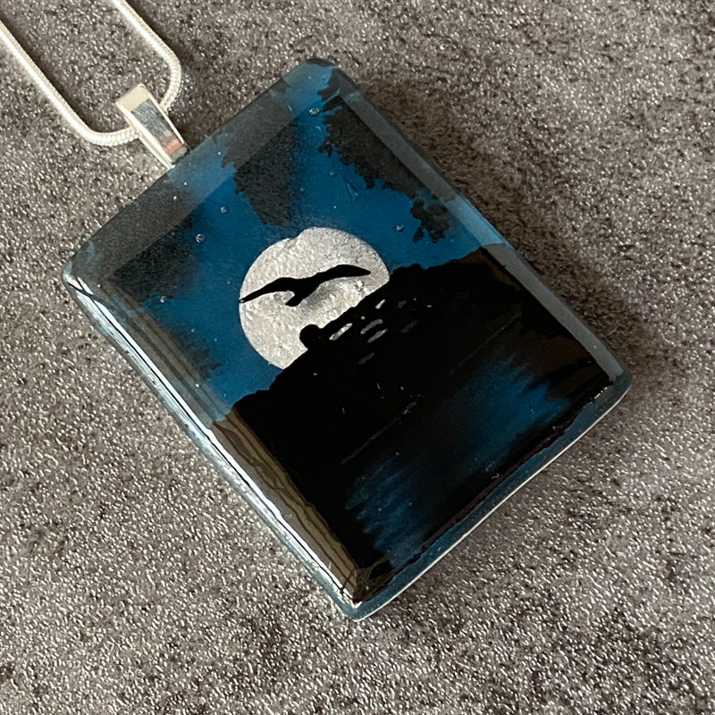 Blue Moon, Foggy Moonlit Night, Fused Glass Necklace, aqua blue, silver