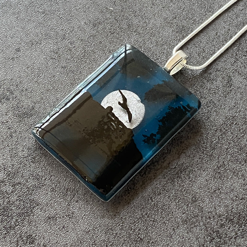 Blue Moon, Foggy Moonlit Night, Fused Glass Necklace, aqua blue, silver