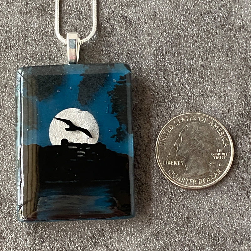 Blue Moon, Foggy Moonlit Night, Fused Glass Necklace, aqua blue, silver