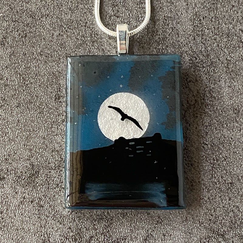 Moonshine, Foggy Moonlit Night, Fused Glass Necklace, aqua blue, silver