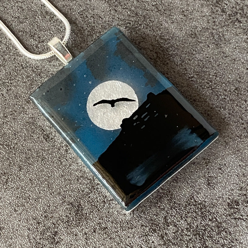 Moonshine, Foggy Moonlit Night, Fused Glass Necklace, aqua blue, silver