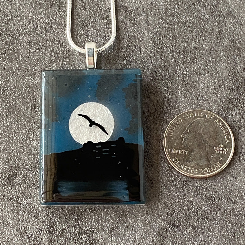 Moonshine, Foggy Moonlit Night, Fused Glass Necklace, aqua blue, silver