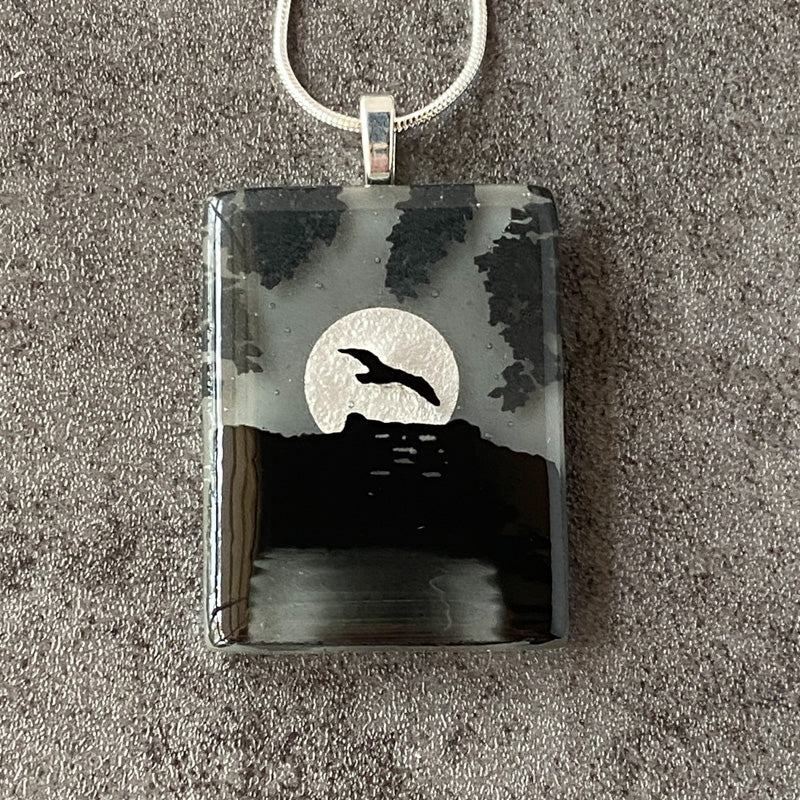 Moonlighting, Foggy Moonlit Night, Fused Glass Necklace, black, grey, silver