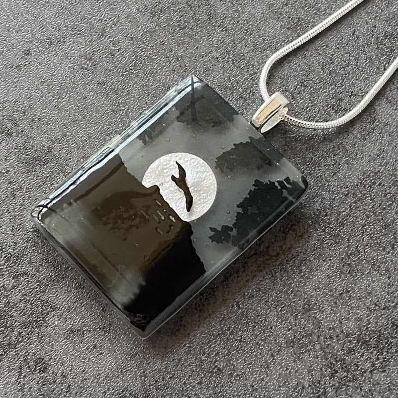 Moonlighting, Foggy Moonlit Night, Fused Glass Necklace, black, grey, silver