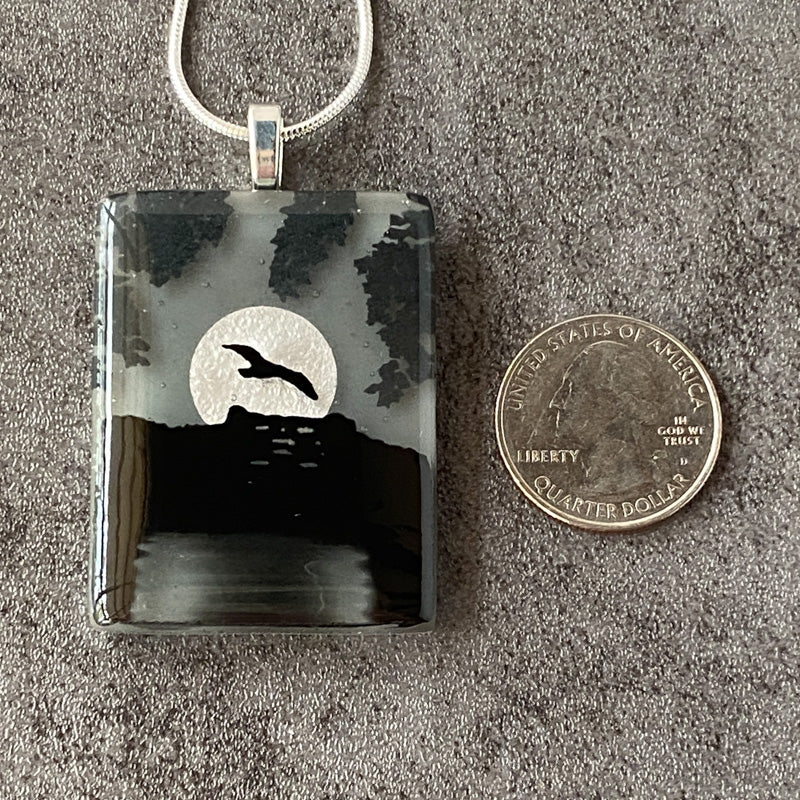 Moonlighting, Foggy Moonlit Night, Fused Glass Necklace, black, grey, silver