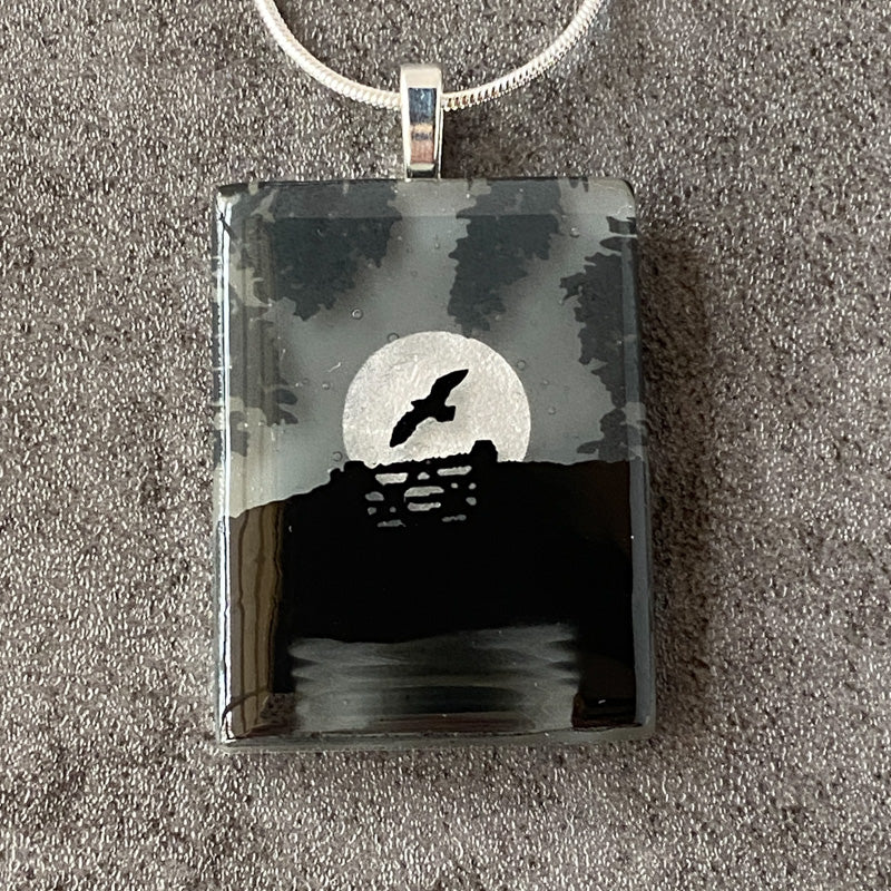 Moonlit Haze, Foggy Moonlit Night, Fused Glass Necklace, black, grey, silver