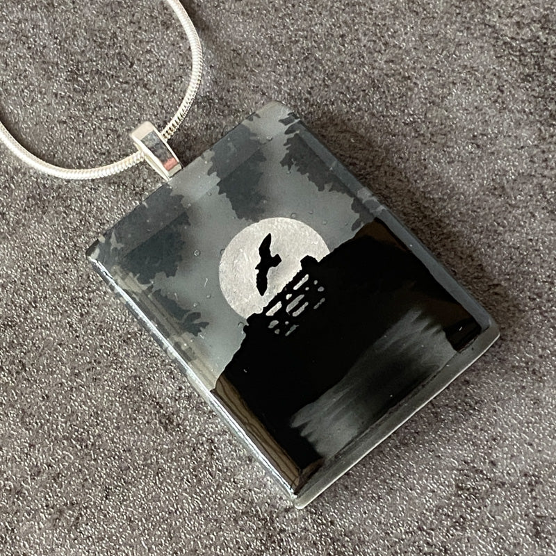 Moonlit Haze, Foggy Moonlit Night, Fused Glass Necklace, black, grey, silver