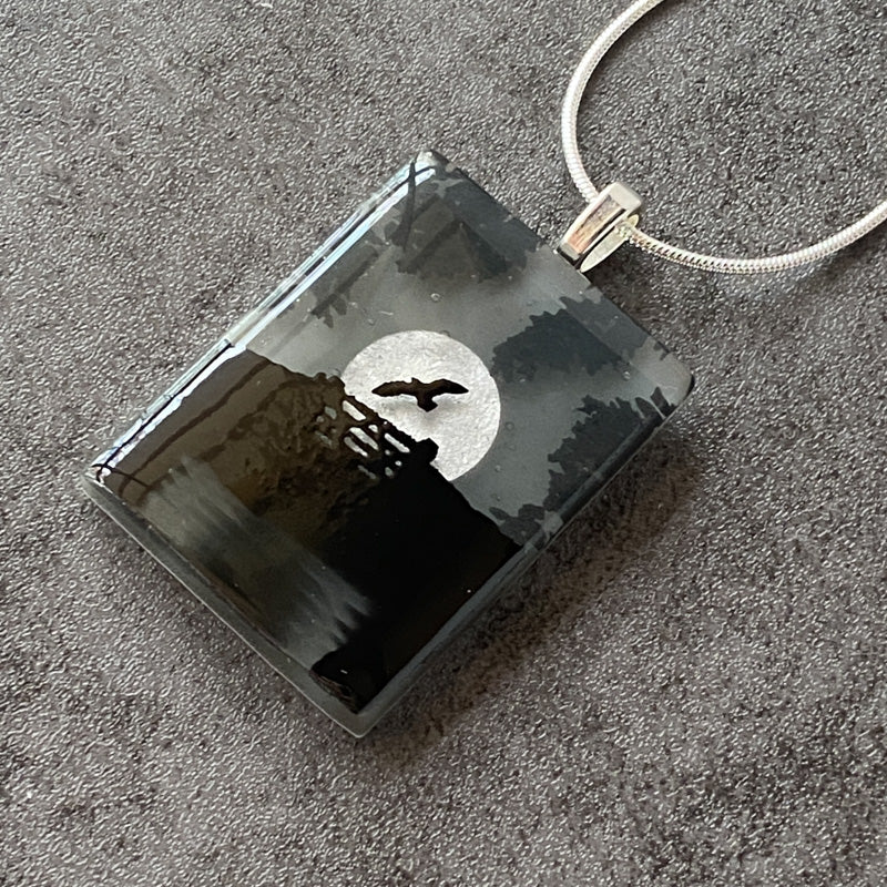 Moonlit Haze, Foggy Moonlit Night, Fused Glass Necklace, black, grey, silver