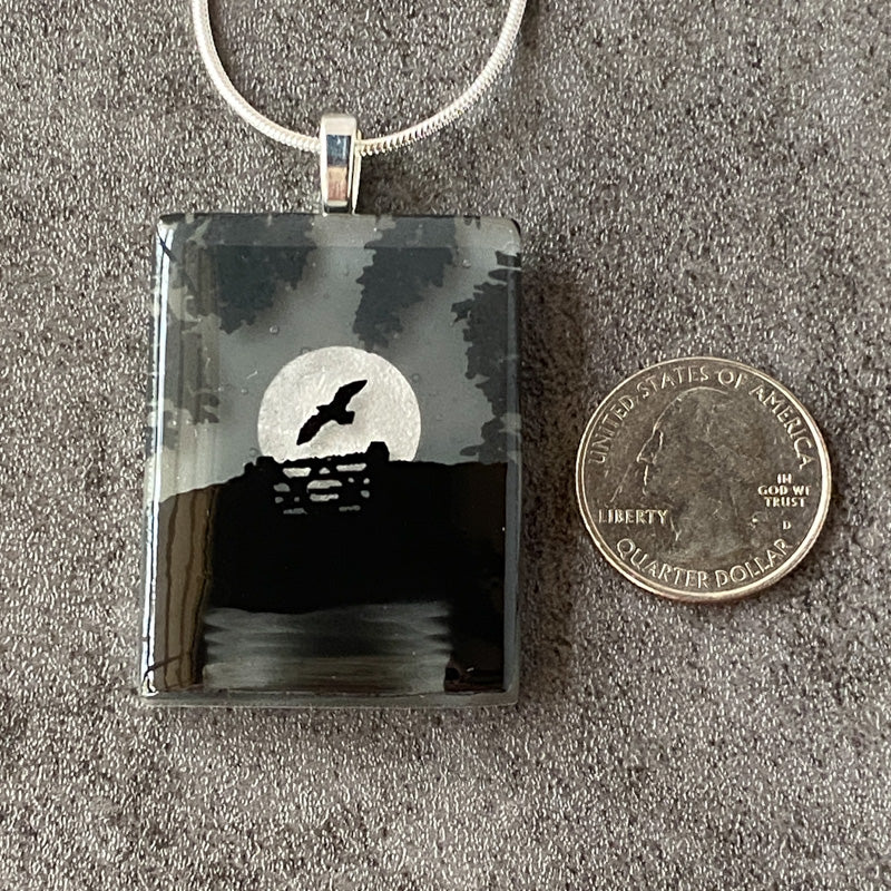 Moonlit Haze, Foggy Moonlit Night, Fused Glass Necklace, black, grey, silver
