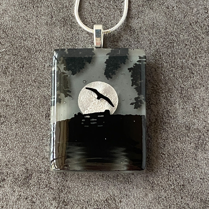 Moon Shadow, Foggy Moonlit Night, Fused Glass Necklace, black, grey, silver