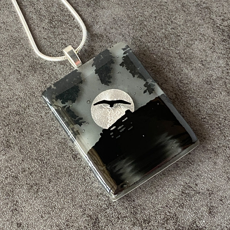 Moon Shadow, Foggy Moonlit Night, Fused Glass Necklace, black, grey, silver