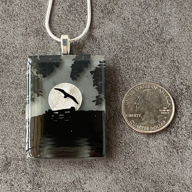 Moon Shadow, Foggy Moonlit Night, Fused Glass Necklace, black, grey, silver