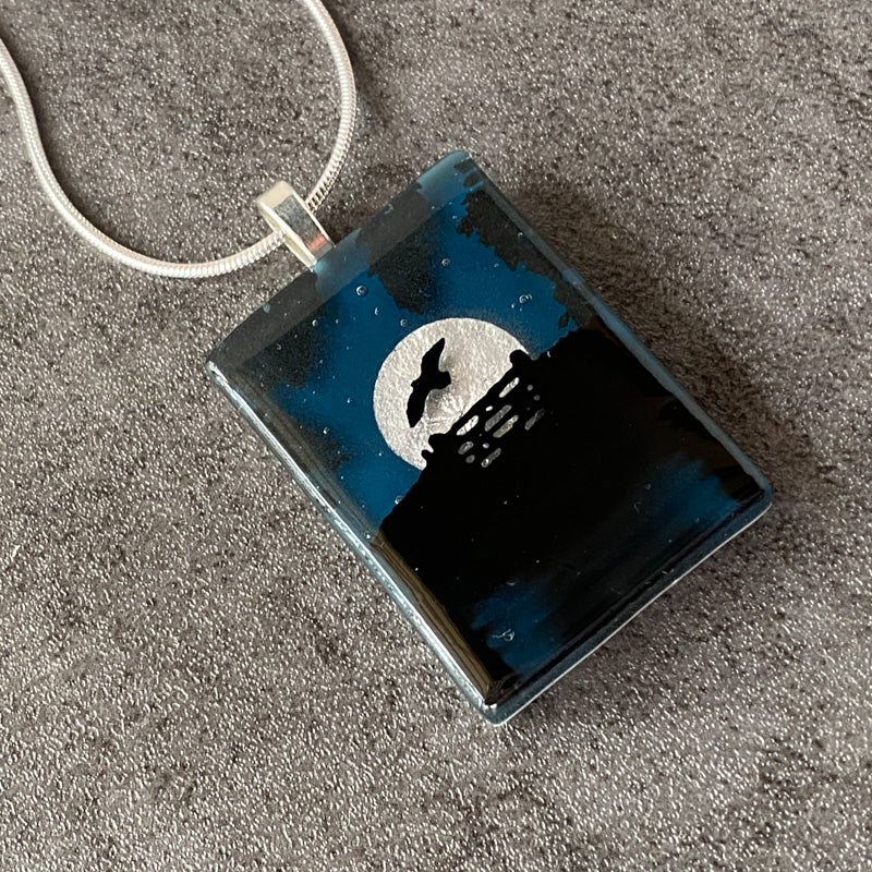 Lunar Haze, Foggy Moonlit Night, Fused Glass Necklace, aqua blue, silver