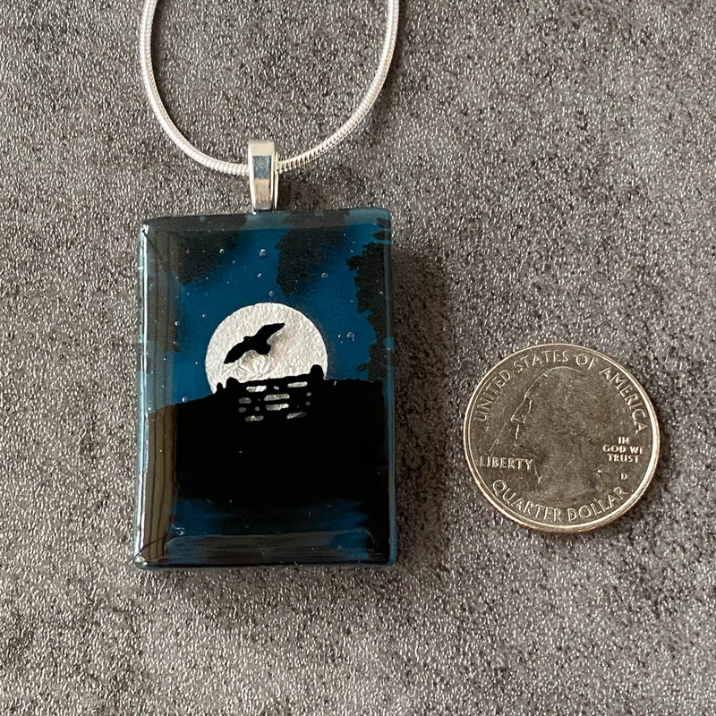 Lunar Haze, Foggy Moonlit Night, Fused Glass Necklace, aqua blue, silver