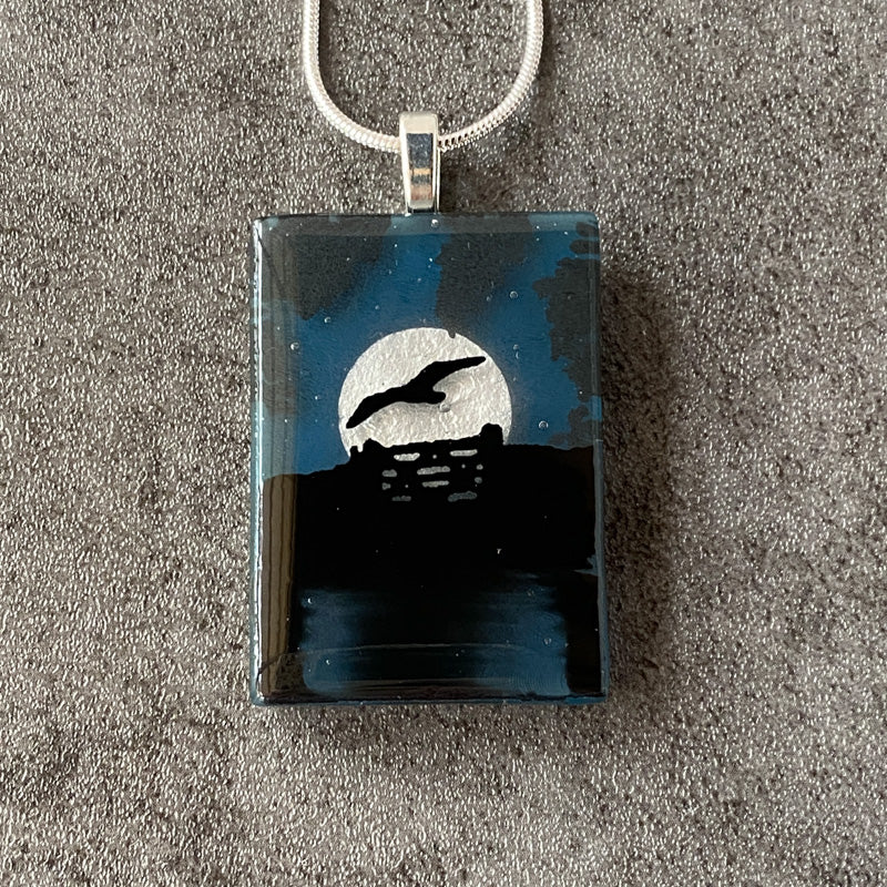 Moonlit Pond, Foggy Moonlit Night, Fused Glass Necklace, aqua blue, silver