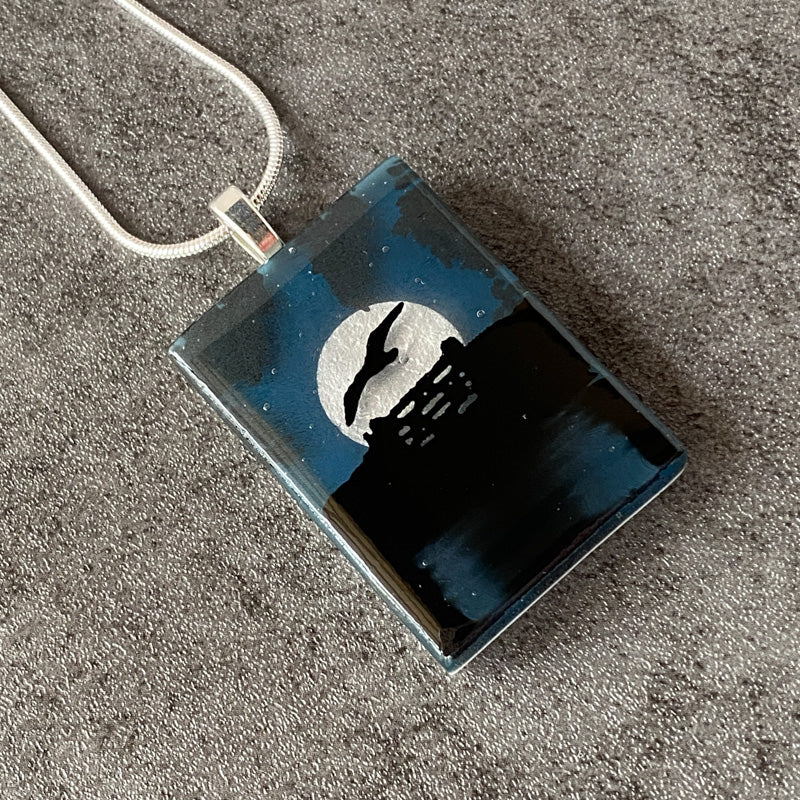 Moonlit Pond, Foggy Moonlit Night, Fused Glass Necklace, aqua blue, silver