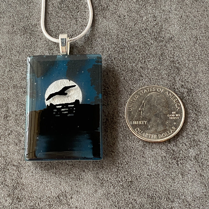 Moonlit Pond, Foggy Moonlit Night, Fused Glass Necklace, aqua blue, silver