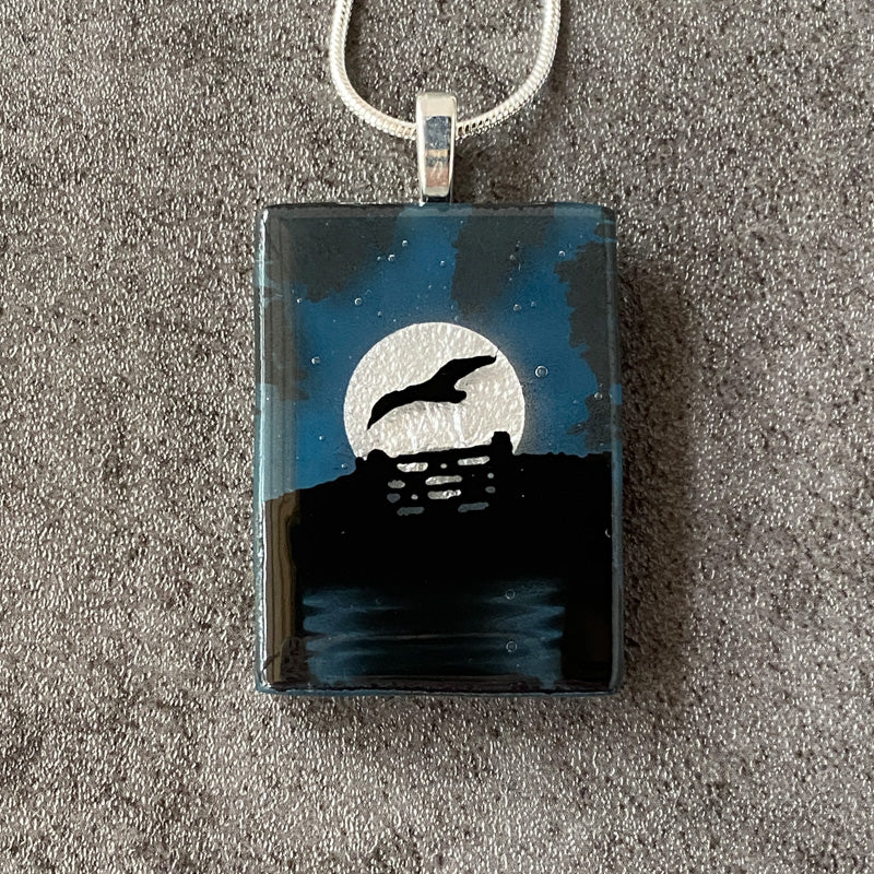 Midnight Glow, Foggy Moonlit Night, Fused Glass Necklace, aqua blue, silver