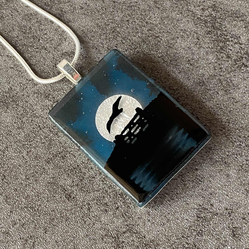 Midnight Glow, Foggy Moonlit Night, Fused Glass Necklace, aqua blue, silver
