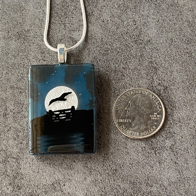 Midnight Glow, Foggy Moonlit Night, Fused Glass Necklace, aqua blue, silver