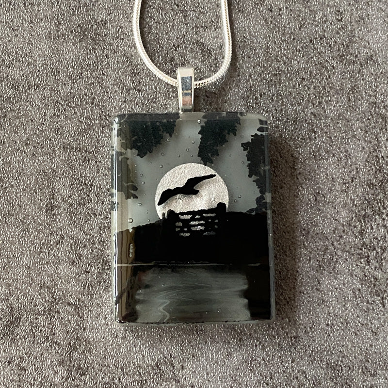 Harvest Moon, Foggy Moonlit Night, Fused Glass Necklace, black, grey, silver