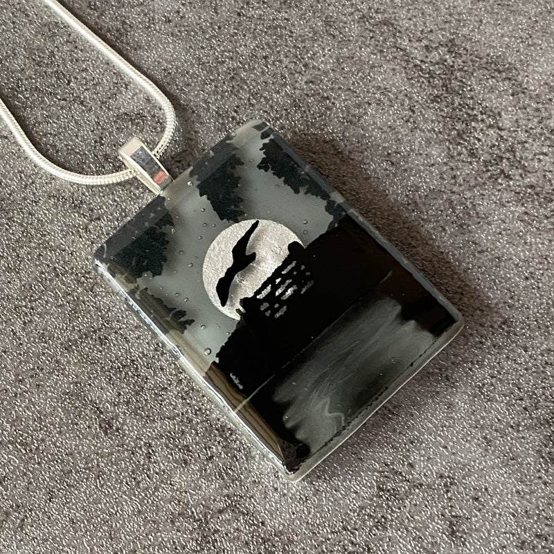 Harvest Moon, Foggy Moonlit Night, Fused Glass Necklace, black, grey, silver