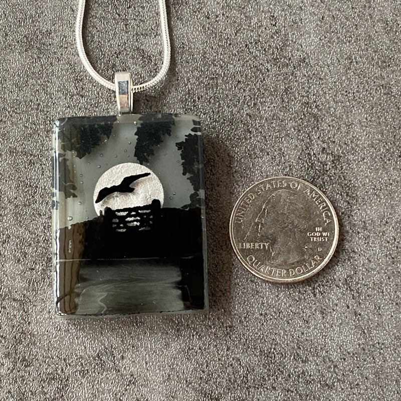 Harvest Moon, Foggy Moonlit Night, Fused Glass Necklace, black, grey, silver