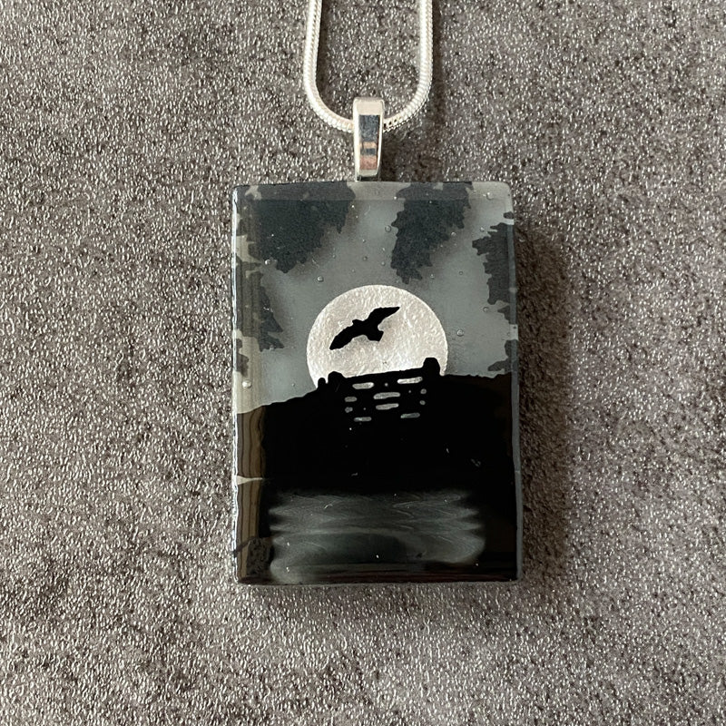 Night Flight, Foggy Moonlit Night, Fused Glass Necklace, black, grey, silver