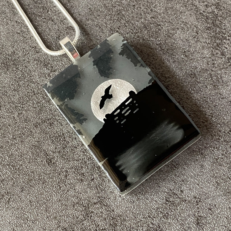 Night Flight, Foggy Moonlit Night, Fused Glass Necklace, black, grey, silver