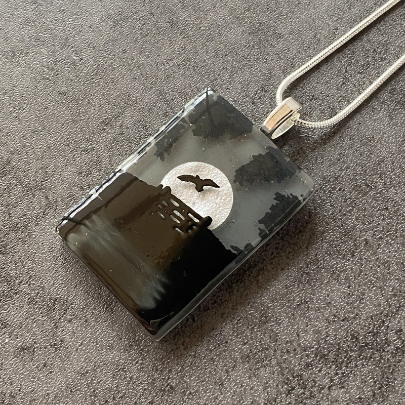 Night Flight, Foggy Moonlit Night, Fused Glass Necklace, black, grey, silver