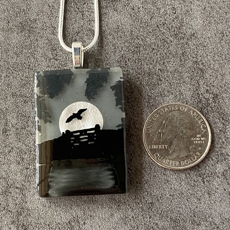 Night Flight, Foggy Moonlit Night, Fused Glass Necklace, black, grey, silver