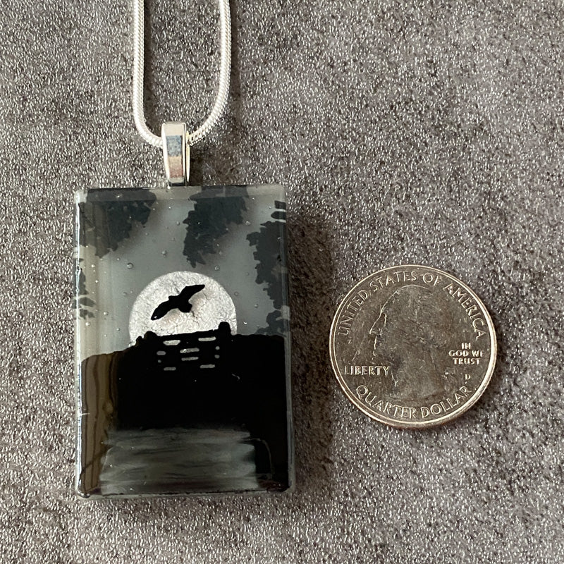 Foggy Night, Foggy Moonlit Night, Fused Glass Necklace, black, grey, silver