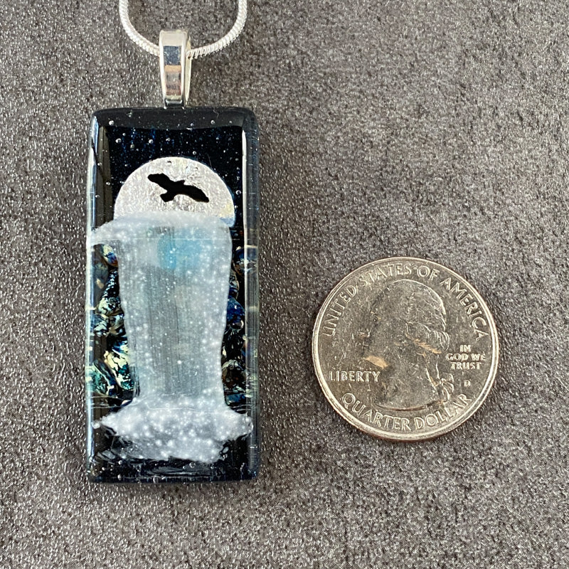 Over The Moon, Moonlit Waterfalls Fused Glass Necklace, navy blue, silver