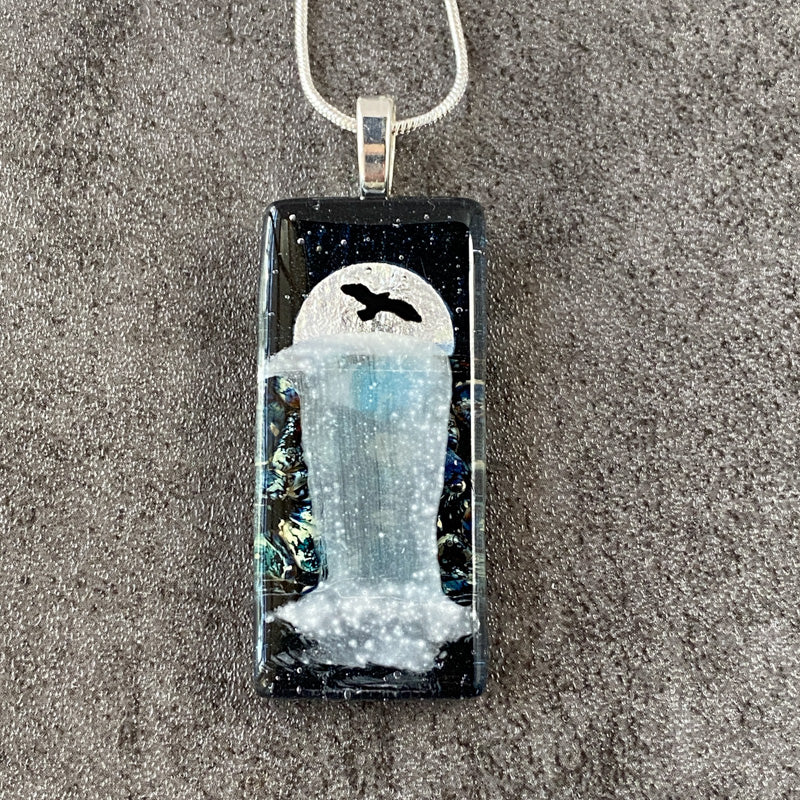 Over The Moon, Moonlit Waterfalls Fused Glass Necklace, navy blue, silver
