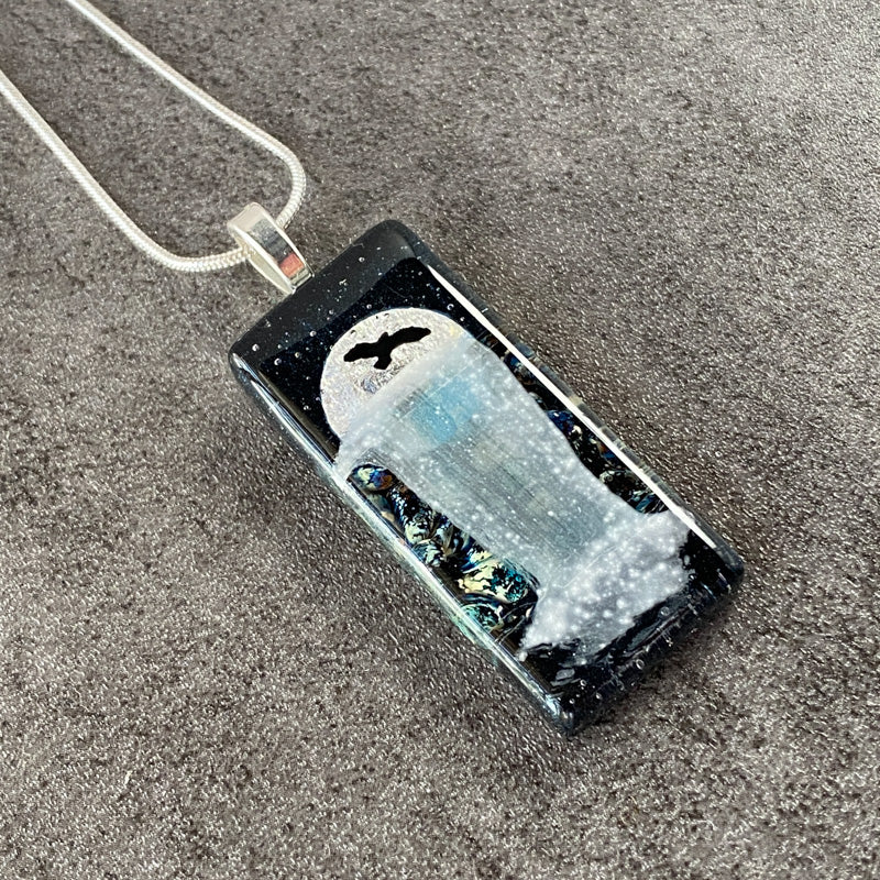 Over The Moon, Moonlit Waterfalls Fused Glass Necklace, navy blue, silver