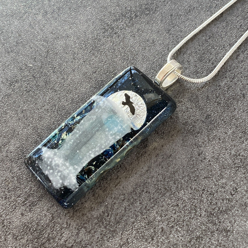 Over The Moon, Moonlit Waterfalls Fused Glass Necklace, navy blue, silver