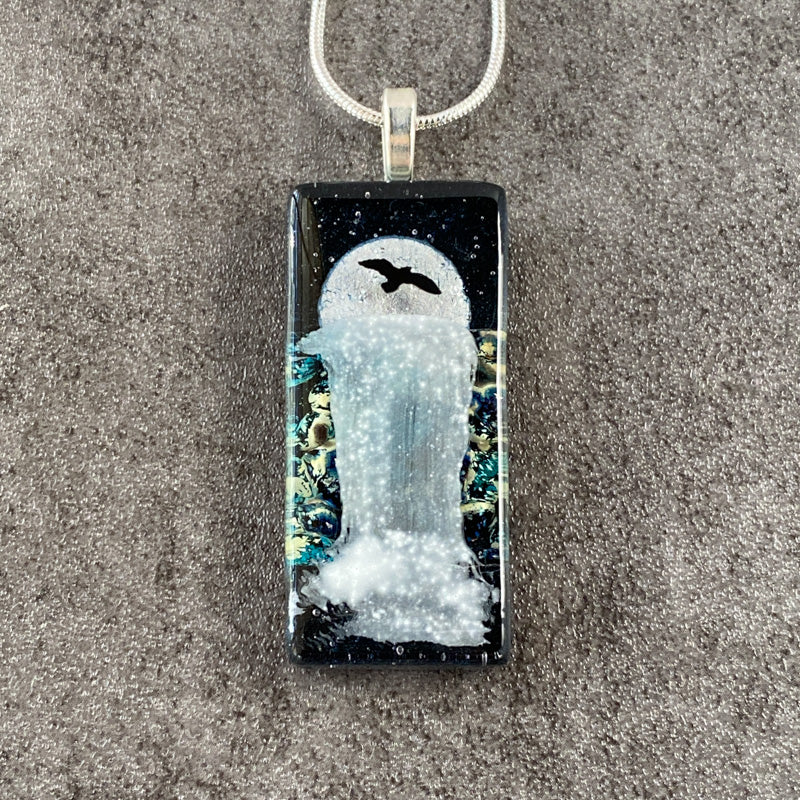 Night Falls, Moonlit Waterfalls Fused Glass Necklace, navy blue, silver
