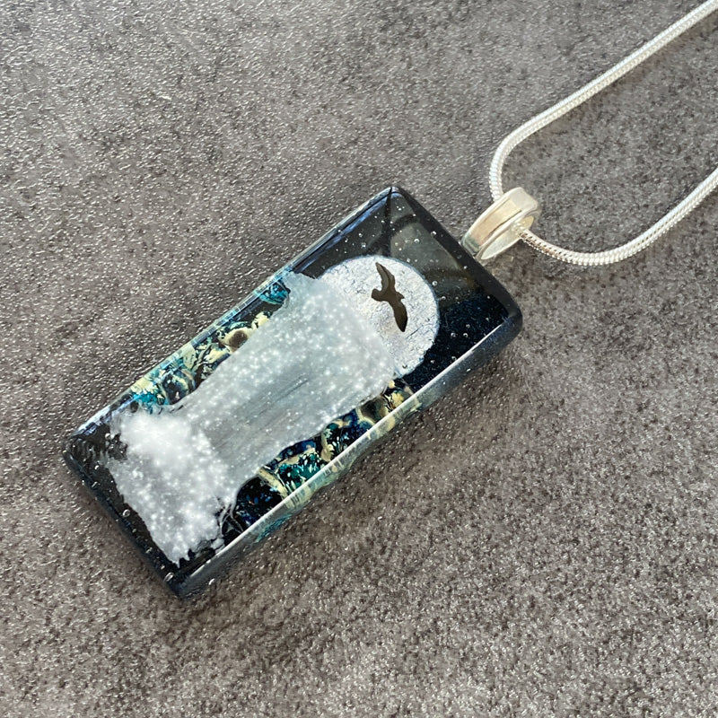 Night Falls, Moonlit Waterfalls Fused Glass Necklace, navy blue, silver