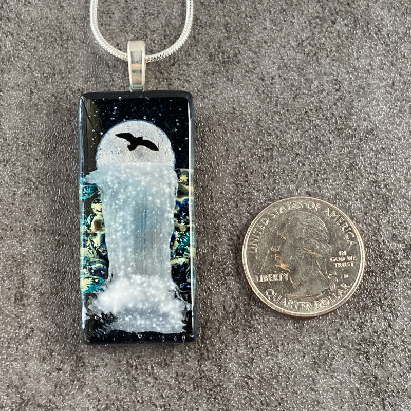 Night Falls, Moonlit Waterfalls Fused Glass Necklace, navy blue, silver
