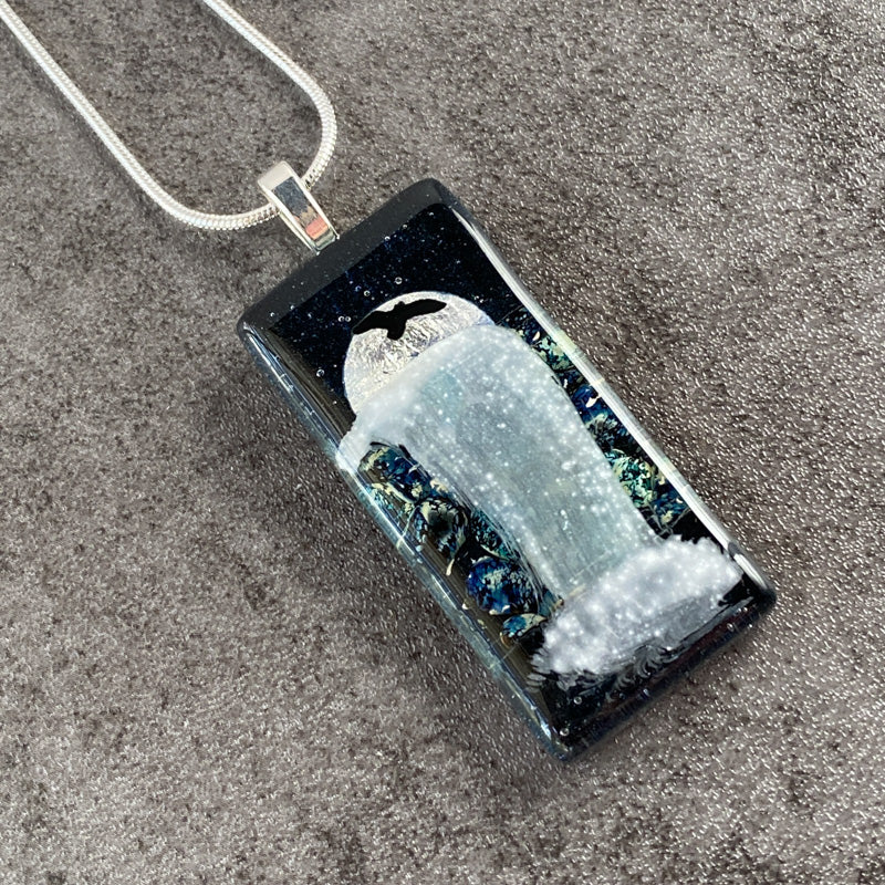 Midnight Shimmer, Moonlit Waterfalls Fused Glass Necklace, navy blue, silver